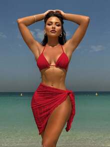 Traje de baño bikini de tres piezas de malla, sexy y de color sólido. - Rojo - Ver 11