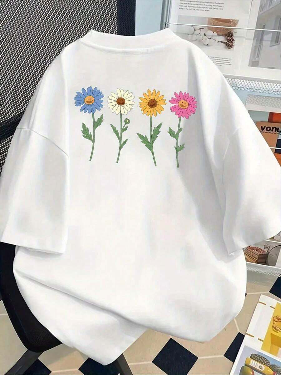 Camiseta de manga corta de talla grande para mujer - Camiseta básica casual de corte holgado, elegantes tops de poliéster, camiseta de manga corta estampada con diseños frontales y traseros - Estampados de rostro y flores - Camiseta estampada de primavera/verano para mujer, artículo de moda, versátil y casual, transpirable y cómoda. - Blanco - Ver 1