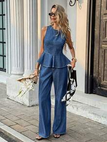 Conjunto de top de mezclilla sin mangas con dobladillo de peplum y jeans para mujer, adecuado para primavera, verano, otoño, elegante para el Día de San Valentín, vacaciones, carnaval, verano, primavera, ir a la universidad, elegante, Y2K, lindo, ropa de fiesta, boda, casual de negocios, vacaciones, resort, chic, conjunto de dos piezas con blusa de dobladillo de peplum y pantalones anchos y fluidos para mujer - Azul lavado medio - Ver 6