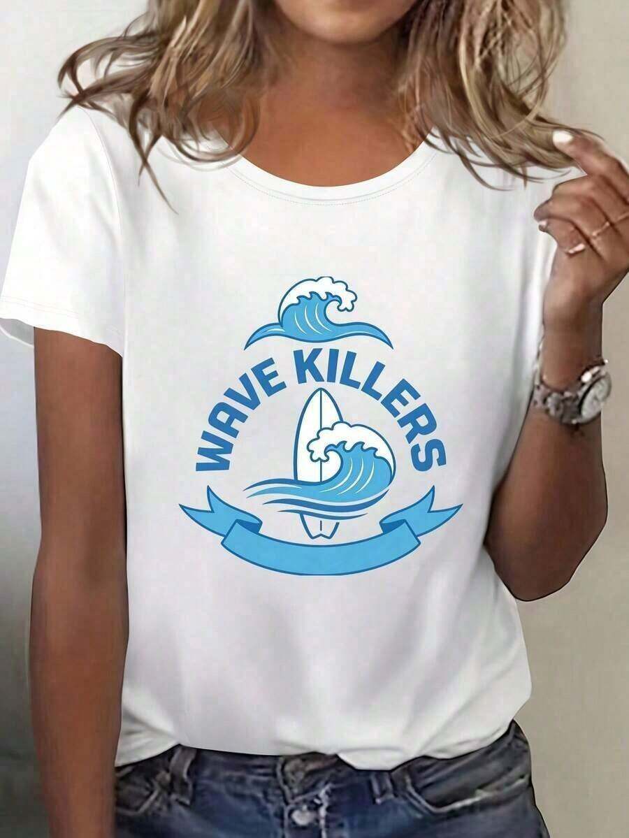 Camiseta de manga corta de algodón puro con estampado moderno para mujer, con diseño gráfico, cuello redondo, mangas cortas, suave y transpirable, versátil, adecuada para el uso diario, ¡un - Blanco - Ver 1