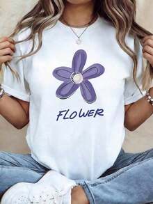 Loose1 pieza clásica y versátil, camiseta corta de algodón puro con mangas cortas, dise?o FLOWER con ilustración floral minimalista para mujeres, estilo modernoBasic Crew Neck Cotton T-shirt - Blanco - Ver 8