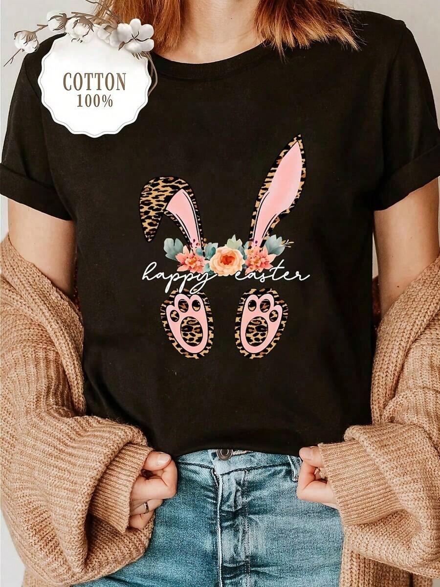 Camiseta Holgada Sencilla Mujer Estilo Moderno Camiseta Ligera de Mujer con Diseño de Pascua - Orejas de Conejo de Pascua, Huellas de Leopardo y Estampado Floral, 100% Algodón, Manga Corta Casual, Cuello Redondo, para Atuendos Festivos de Primavera y Verano, Camisetas para Mujer, Ropa Festiva, Diseño Divertido, Tela Duradera, Material de Algodón de Calidad, 100% Algodón Camiseta Mujer Estampado Gráfico Verano 2026 - Negro - Ver 1
