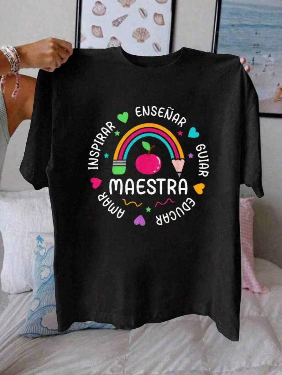 Womens Casual Cotton Round Neck Short Sleeve Regular T-Shirt with Slight Stretch - Negro - Ver 1