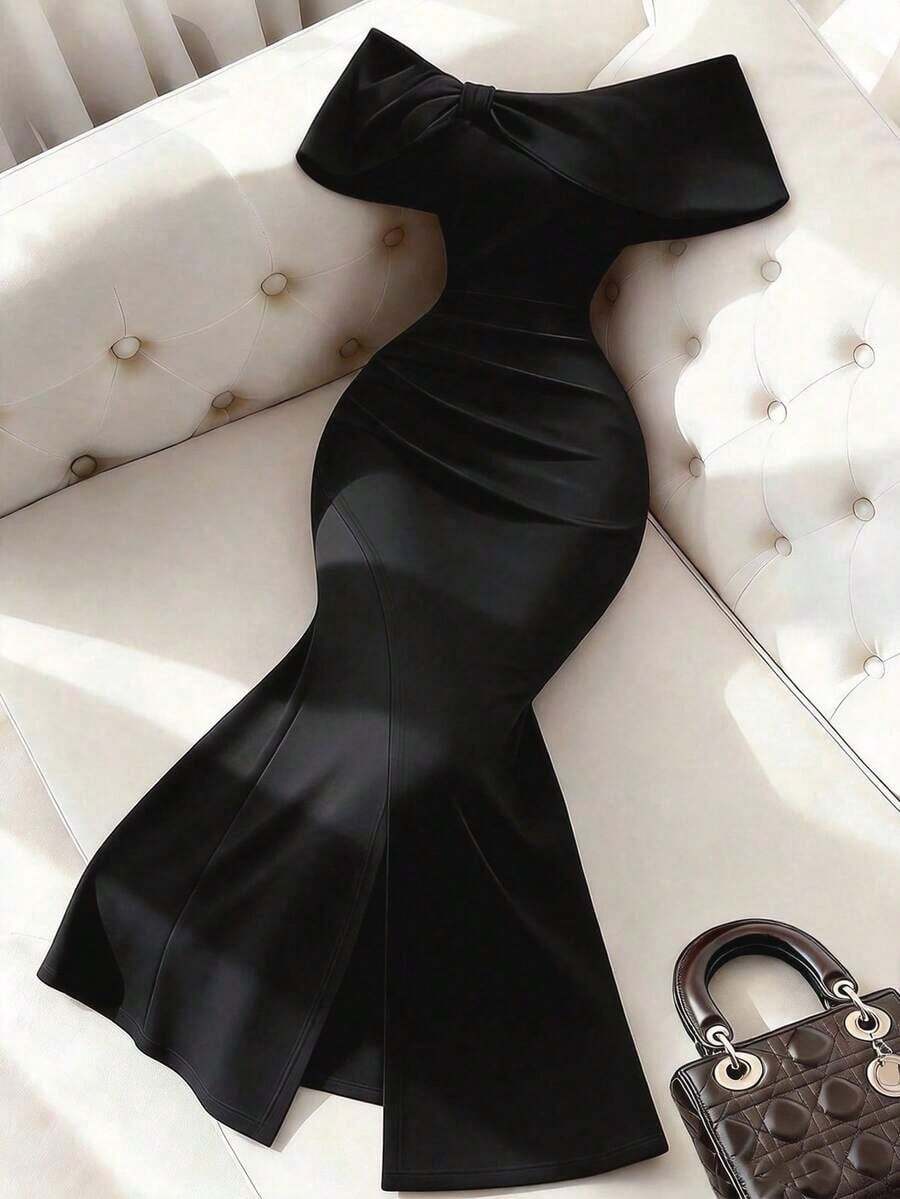 YHHFranclia Vestido largo de verano elegante y de moda con hombros descubiertos, abertura alta, frente plisado sexy, adecuado para fiestas de San Valentín, vestido rojo ajustado, hombros con lazo, vestido con abertura elegante, minimalista y con estilo, para verano, vacaciones, fiestas, playa, oficina y uso diario versátilYHH - Negro - Ver 1