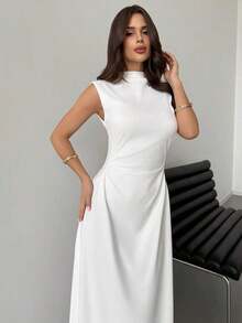 Vestido largo en línea A con cuello de pie, sin mangas y fruncido, color blanco, nuevo para el Día de San Valentín, elegante y romántico para citas y trabajo - Blanco - Ver 4