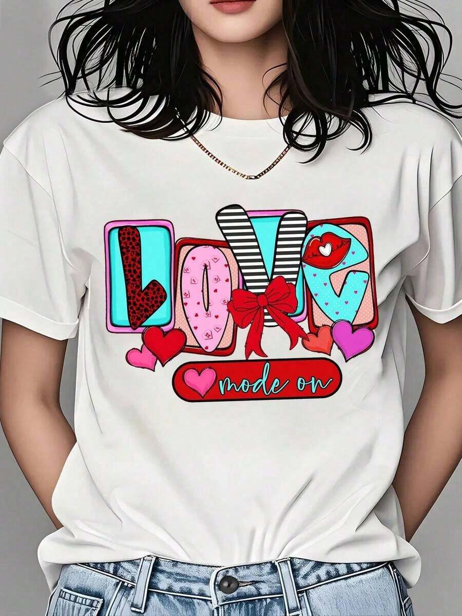 Camiseta con Estampado de Corazones Adorables para Mujer, Regalo para el Día de San Valentín, Ropa Casual, Top de Moda, Camiseta de Mujer - Blanco - Ver 1