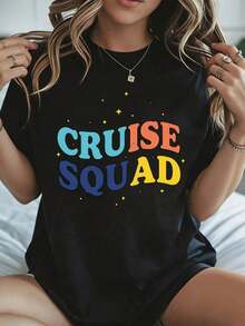 Stylish And Casual Women's Short-Sleeved Cruise Squad T-Shirt, Graphic Print For Summer Vacation, Cruise, Party, White Casual Wear For Women, Beach Vacation Outfit, Summer Season. - 黑色 - 查看 8