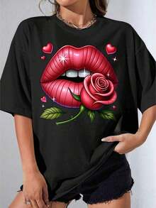 Camiseta Blanca y Negra para Niña, Camiseta Blanca con Estampado de Labios Rojos y Rosas para Uso Casual, Fiesta al Aire Libre, Camiseta Estampada Casual de 180g - Negro - Ver 1