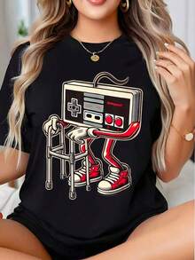 Camiseta gráfica con controlador de juego retro con patas sentado en una silla para mujer, diseño unisex casual y divertido de videojuegos nostálgicos, arte de cultura pop, prenda perfecta para regalar a amigos y familiares en cualquier fiesta u ocasión festiva, 220g - Negro - Ver 1