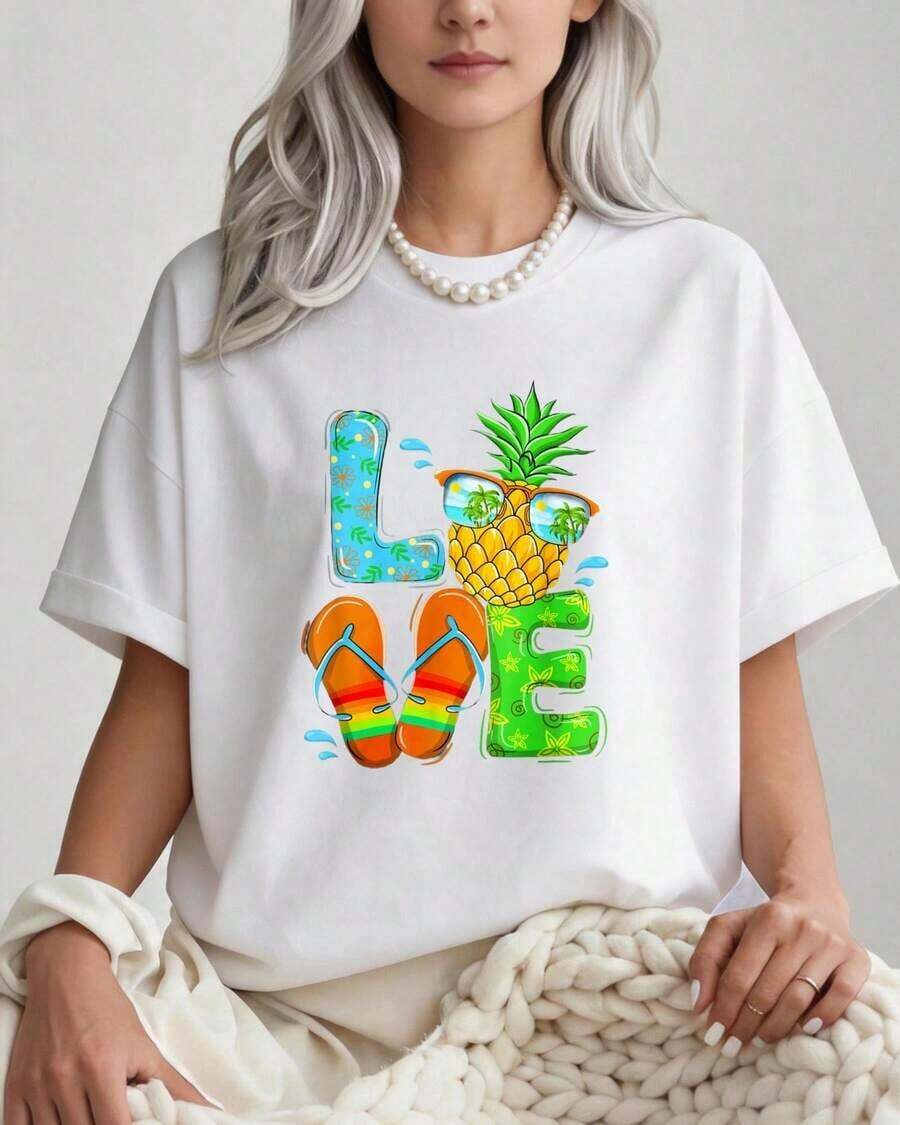 Camiseta Casual de Verano con Estampado de Piña y Chanclas, Camiseta de Estilo Playero, Ropa de Vacaciones para Mujer, 100% Algodón, Duradera - Blanco - Ver 1