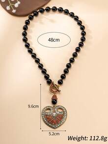 1 Pair Vintage Baroque Style Black Beaded Necklace, Retro Heart-Shaped Rhinestone Pendant Necklace, Niche Luxury Versatile Jewelry For Party And Commute - Multicolor - View 3