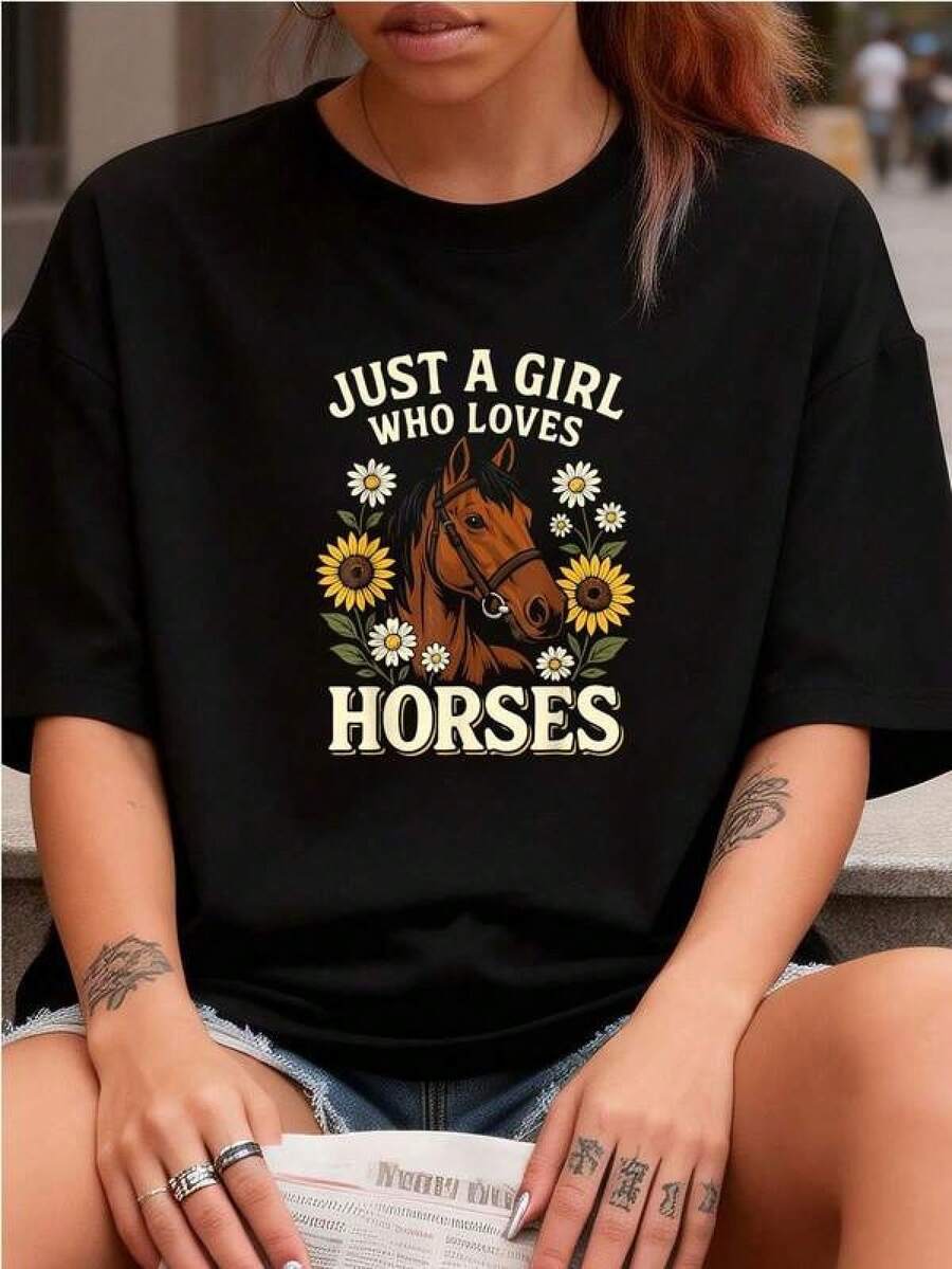 Sólo una chica que ama los caballos, camiseta floral de girasol con caballo, camiseta de ejercicio al aire libre para mujeres, camisetas gráficas, tops cortos, conjuntos, tops, camiseta SSWZblusas para mujer playeras de mujer vestidos casuales para mujer y2k playeras deportivas para mujer verano camisetas ropa de mujer Fashion Perfect For Daily - Negro - Ver 1