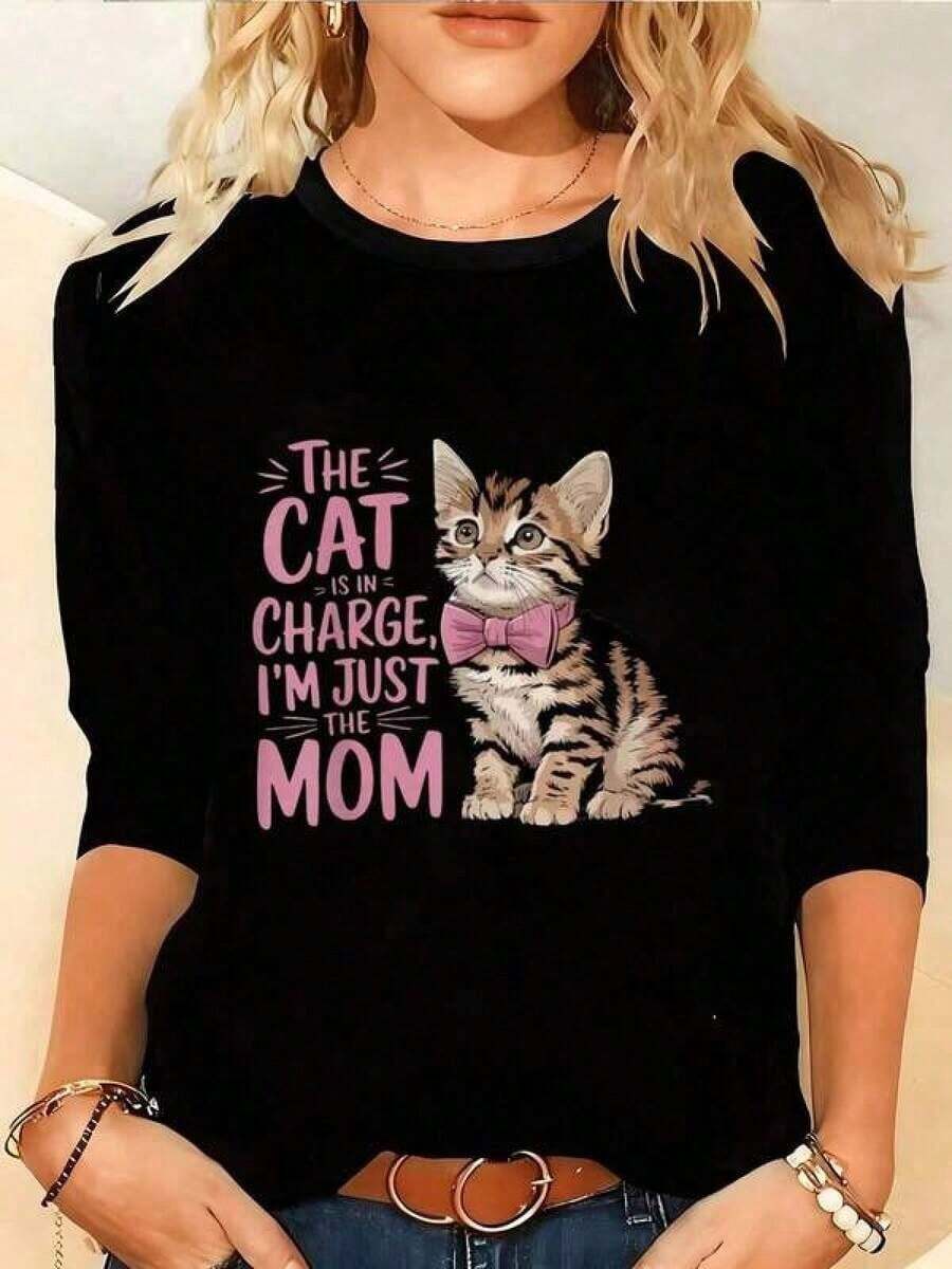 Women'S Plus Size Cat '' To Lettering & Paws Print Long Sleeve T-Shirt - Comfy Round Neck Top Suitable For Curvy Ladies, Spring/Fall Daily Wear, Machine Washable Casual Blouse For Women (Cat-Themed Outfits)Ropa De Mujer / Ropa De Mujer De Uso Diario / Blusas, Camisas Y Camisetas De Mujer / Camisetas De Mujer Ropa Deportiva Basicos Mujer Short Playeras Para Hombre - Negro - Ver 1