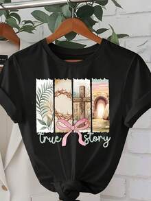 Camiseta de Verano con Estampado de Letras de Dibujos Animados, Cuello Redondo, Estilo Casual - Negro - Ver 8