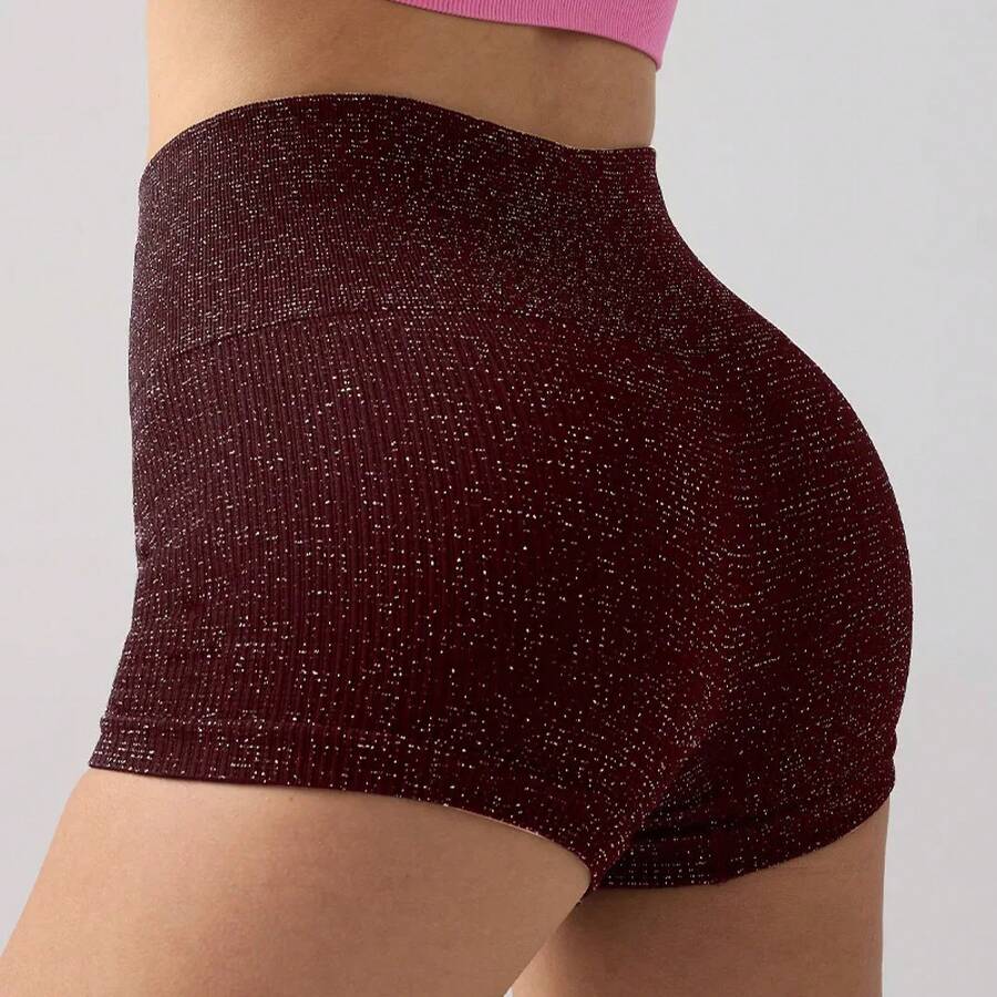 Pantalones cortos de Yoga de cintura alta para mujer, pantalones cortos ajustados de alambre plateado para gimnasio, ejercicio, mallas sexis para realzar la cadera, pantalones de Yoga de tres puntos a la moda - Morado - Ver 1