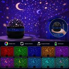 月亮星空投影夜燈，旋轉彩色天空投影燈，USB供電臥室氛圍裝飾燈，適合兒童與成人房間裝飾 - 多色光 - 查看 13