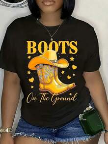 [Imitación de Mezclilla] Camiseta Gráfica de Estilo Vaquero Occidental para Mujer - Top de Manga Corta con Estampado de Mezclilla Suave y Elástica, Diseño de Botas de Vaquero y Herradura, Lema "Botas en el Suelo", Camiseta Casual de Cuello Redondo para Todas las Temporadas: Primavera, Verano, Otoño - Negro - Ver 5