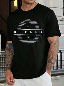 Camiseta para hombre Hurley, manga corta, lavada, negra, con logotipo gráfico, estilo casual de surf y skate, cómoda, mezcla de, a la moda, top de verano.Camiseta holgada, casual y versátil. - Negro - Ver 10