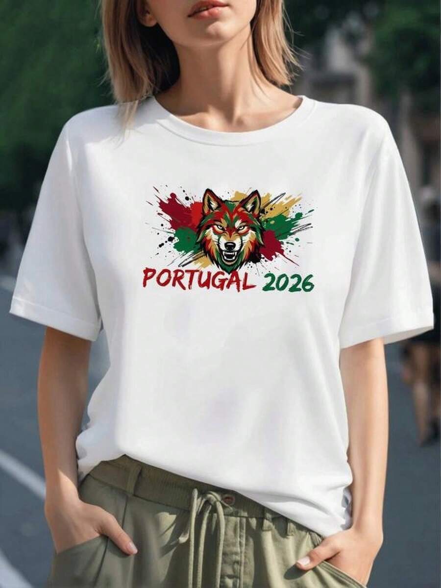Cabeza de lobo feroz con colores vibrantes de Portugal 2026 que simboliza fuerza valentía y espíritu indomable camiseta para mujer 100% algodón - Negro - Ver 1