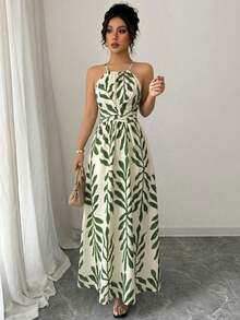 Vestido de línea A con estampado gráfico en blanco y negro, con hombros abiertos, nudo retorcido y escote de halter, elegante para primavera/verano de las mujeres - Verde 3 - Ver 4