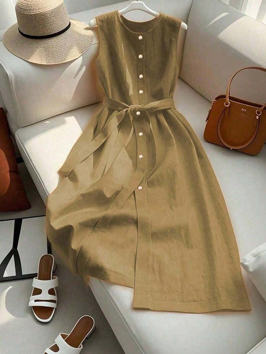 Vestido estilo francés de media pierna sin mangas de alta gama color naranja para mujer - Caqui - Ver 1