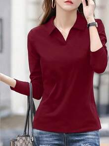 Camiseta casual, versátil, de manga larga y cuello vuelto, de unicolor, para mujer, primavera y verano - Rojo - Ver 5