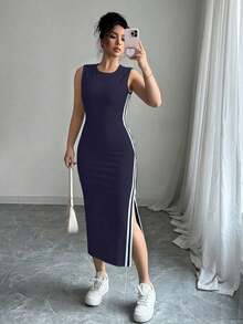 Vestido largo con abertura lateral decorativa de cinta bicolor negro y blanco de cuello redondo para mujeres - Azul marino - Ver 4