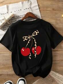 Cerezas, Corbata con Estampado de Leopardo - Blusa Estampada de Moda para Mujer para Primavera y Verano, ¡Tu Elección! - Negro - Ver 8
