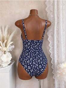 Traje de baño de una pieza con estampado floral pequeño para playa y verano en tallas grandes - Azul y blanco - Ver 8