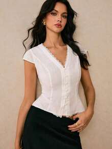 Blusa de mujer de unicolor con diseño de botones y encaje en contraste - Blanco 2 - Ver 3