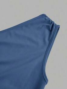 Vestido largo de tipo cola de pez minimalista con hombro asimétrico en color liso, arrugado, para uso diario casual - Azul lavado medio - Ver 3