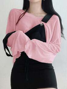 Camiseta corta de mujer de unicolor con cuello en V holgado, blusas de mujer de manga larga para primavera/verano, ropa de mujer para otoño - Rosa - Ver 3