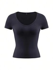Camiseta ajustada de manga corta con cuello en V de unicolor para mujer, estilo Y2K sexy, adecuada para uso diario casual, blanco verano - Negro - Ver 3