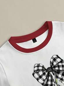 Conjunto de camiseta de manga corta con cuello redondo y estampado de oso de dibujos animados, y pantalones a rayas con cordón en la cintura para mujer - Blanco 2 - Ver 4