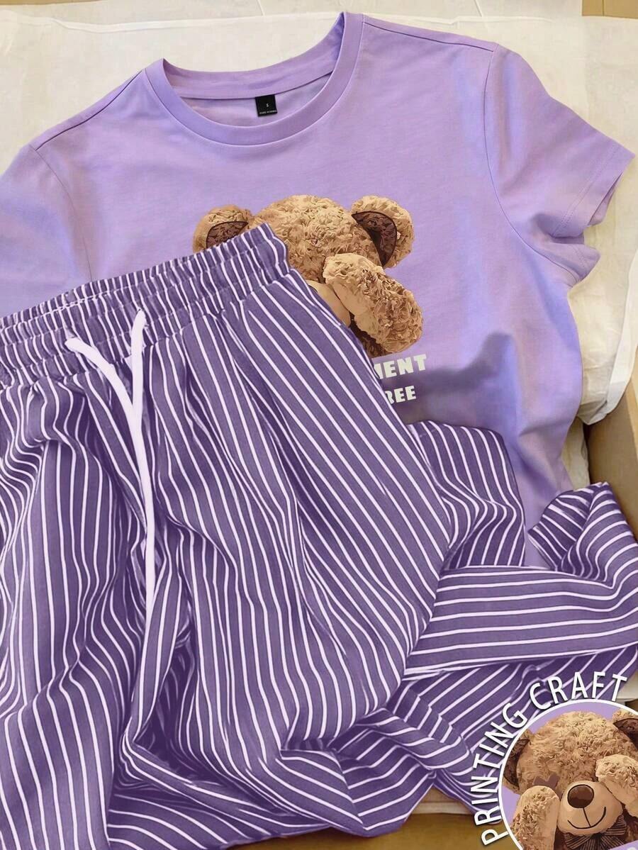 Conjunto de camiseta de manga corta con cuello redondo y estampado de oso de dibujos animados, y pantalones a rayas con cordón en la cintura para mujer - Morado - Ver 1