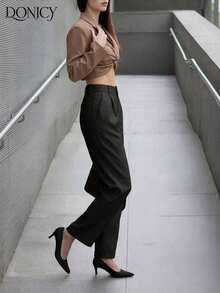 Pantalones rectos plisados de cintura alta, de unicolor, para mujer, suaves y cómodos, versátiles, elegantes y casuales urbanos, adecuados para uso diario casual, citas, fiestas, San Valentín, carnaval y oficina - Negro 2 - Ver 9