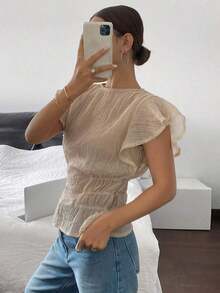 Blusa de mujer de cuello redondo liso, con mangas con volantes y cintura ceñida - Albaricoque - Ver 3