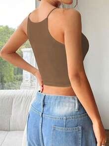 Top Corto Ajustado Y Sin Mangas En Color Sólido Para Mujer Con Cuello Halter - Café integral - Ver 2