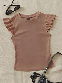 Set de 2 tops de camiseta de cuello redondo ajustados de tela acanalada en negro y rojo rosa, apropiados para verano con mangas con volantes, adecuados para salir - Multicolor 5 - Ver 5