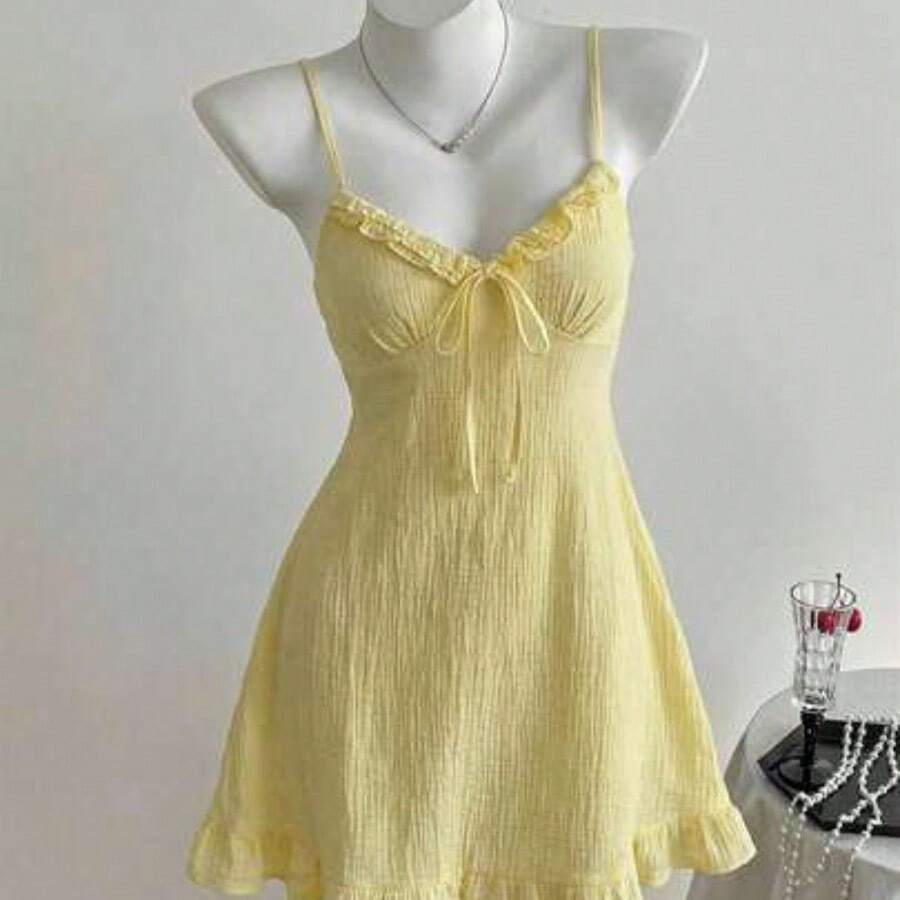 Women's Casual Pale Yellow Spaghetti Strap Mini Dress, Summer Yellow Sundress Yellow Vacation Dress ,Summer Dress - amarillo ganso - Ver 1