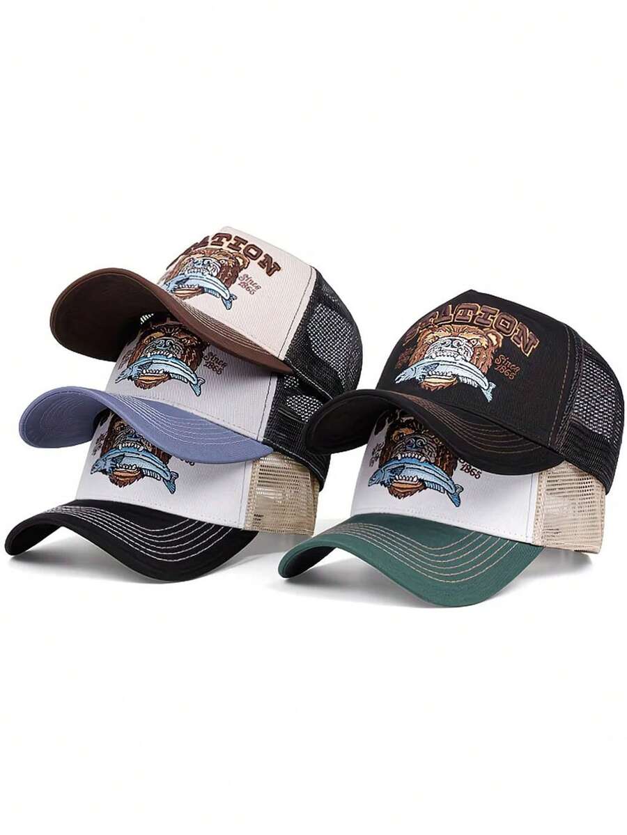 1 chiếc mũ lưỡi trai kiểu Mỹ unisex, chất liệu lưới, họa tiết gấu ăn cá, thêu chữ, thoáng khí, dành cho tài xế xe tải.