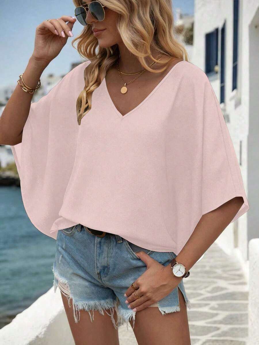 Camisa de manga de murciélago de unicolor casual, verano - Rosa Pálido 2 - Ver 1