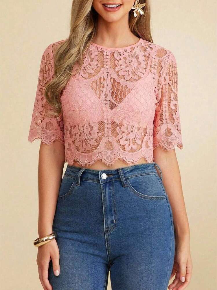 Blusa suelta de manga corta con encaje elegante para mujer, adecuada para la temporada de bodas, citas, primavera y verano, color: Blusa de verano casual de primavera y verano para mujer Blusa blanca Blusa bohemia Blusa de ojal Blusas de verano par - Rosa - Añade 4