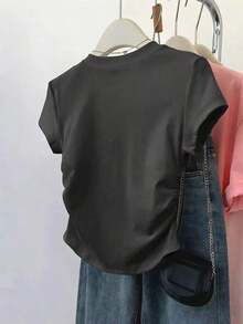 Camiseta casual de mujer para deportes al aire libre, nueva llegada de verano, adecuada para citas, vuelta al colegio, con estampado de rayas y flores, corte regular - Negro - Ver 2
