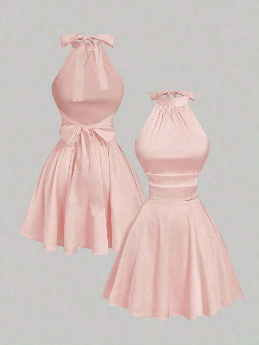 MOD Vestido mini con espalda descubierta, retorcido y fruncido en unicolor para mujer, vestidos de otoño para mujer, vestido, vestido, Acción de Gracias, vestidos elegantes para fiesta, vestido de invitada de boda, vestido de graduación, vestido de gala, vestido de noche elegante para boda - Rosa - Ver 1