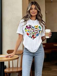 Camisetas Casuales para Mujer, Camiseta Casual para Mujer con Estampado de Corazón y Mariposas, Diseño de Mariposas Coloridas, Top de Cuello Redondo en Blanco y Negro para Moda Primavera Verano, Camiseta Cómoda de Corte Holgado, Camiseta para Mujer, Estilo Y2K, Camisetas de Moda de Verano, Conjuntos y Tops Casuales de Streetwear. - Blanco - Ver 2