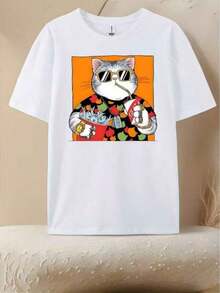 Women's 100% Cotton Short Sleeve T-Shirt With Graphic Print Of A Cool Cat Wearing Sunglasses Drinking And Holding A Fish - 白色 - 查看 4