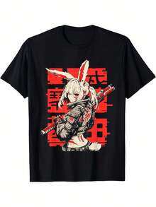 Camiseta con estampado gráfico, manga corta y cuello redondo, top casual para verano y primavera, ropa de mujer - Negro - Ver 2