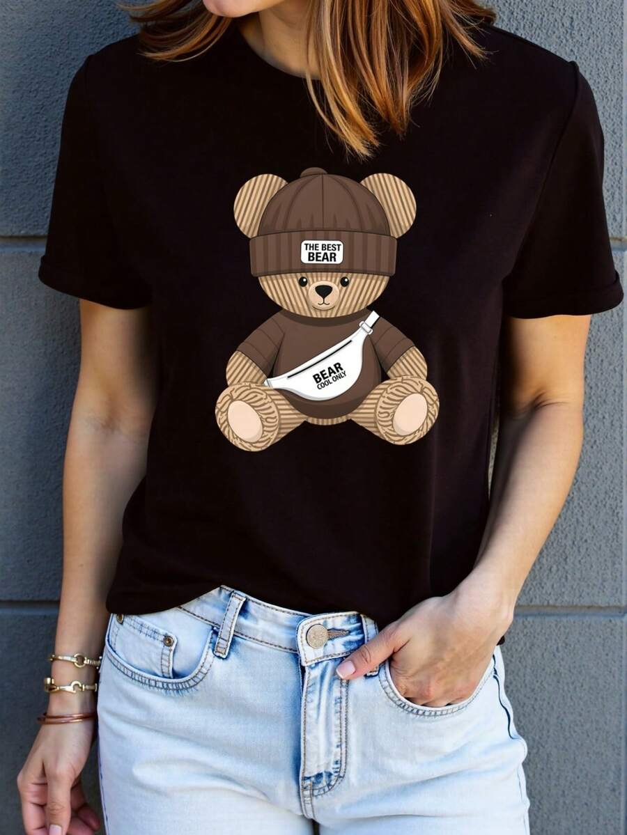 Mexican T-Shirt With Bear Print - Soft, Breathable And Comfortable, Casual Short Sleeve Summer Sportswear, Easy Care, Quick Dry, Suitable For Outdoor Activities And Casual Wear, Relaxed Style, All/Global/All Cotton T-Shirt Summer Fashion - 黑色 - 查看 1