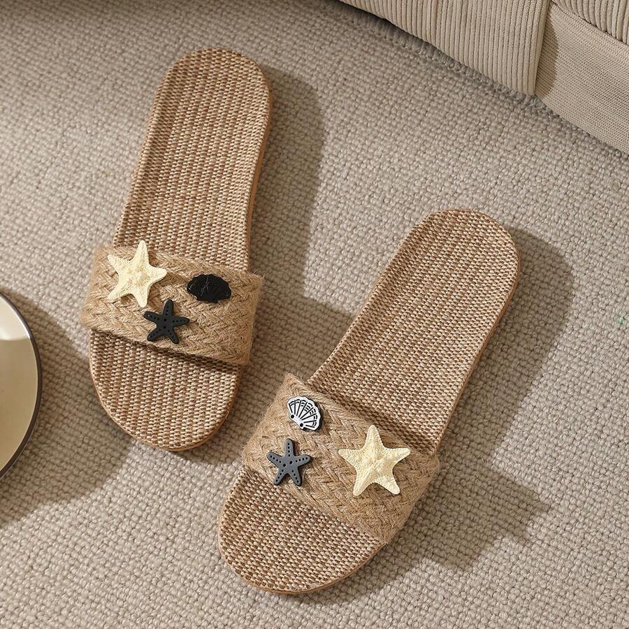 Shell & Starfish Decor Breathable Linen Slide Sandals, Indoor & Outdoor Dual-Purpose Woven Flat Slippers - Khaki - View 1